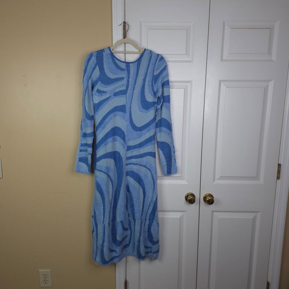 House of Sunny Long Sleeve The Blue Moon Midi Knit Dress Sea Blue Swirl Size 10